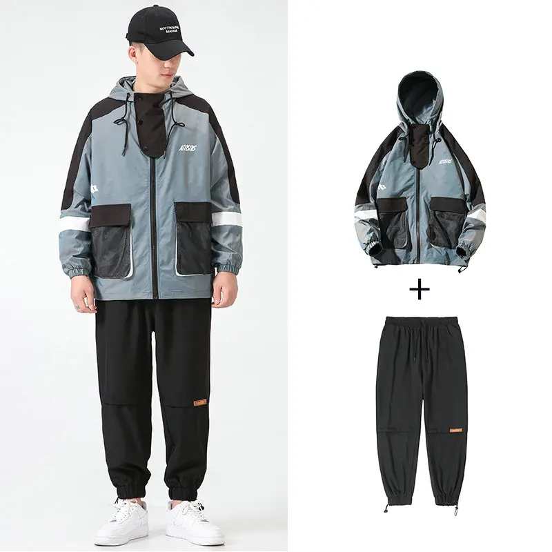 

Men's Tracksuit Set Hooded Loose Jacket+Pants Sportswear Suit Two Piece Male Hip Hop Street Big Pocket Workwear For Men Clothing