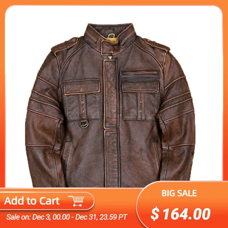 

2021 Vintage Yellow Genuine Leather Jacket Men Safari Style Plus Size 5XL Stand Collar Real Natural Cowhide Autumn Slim Fit Coat