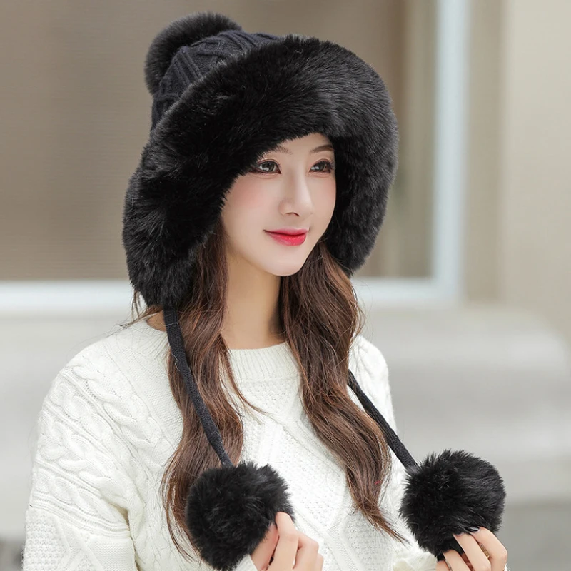 

HT3837 Women Winter Hat Thick Warm Fleece Lined Russian Earflap Cap Lady Knitted Hat Three Fur Pompoms Skullies Beanies Ushanka