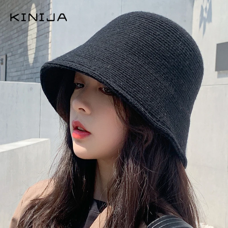 

Women Wool Knitted Cylind Bucket Hat Korean Fashion Japanese Retro Autumn Winter Bell Cap Men Fisherman Hat Girl Fedora Hat