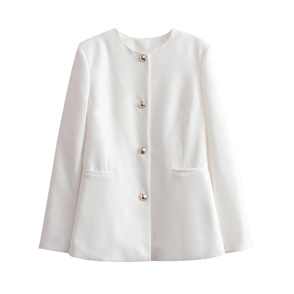 

Autumn White Blazer Women Jacket O Neck Pockets Long Sleeve Female Blazer Jacket For Office Single Breasted Slim Jacket Blazer