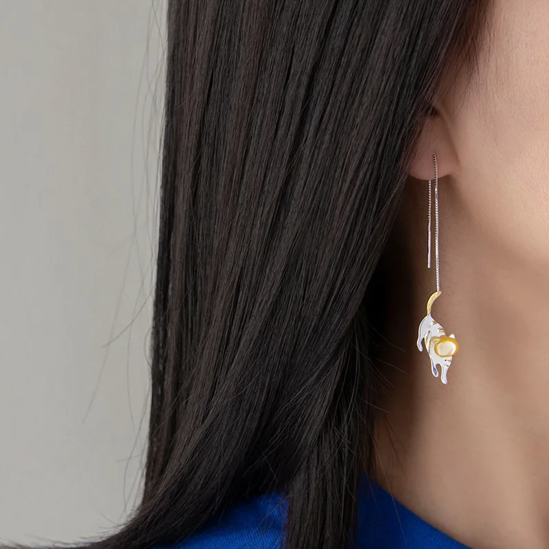 

INATURE 925 Sterling Silver Handmade Cat Women Earrings Fashion Long Metal Tassel Drop Earrings Party Jewelry