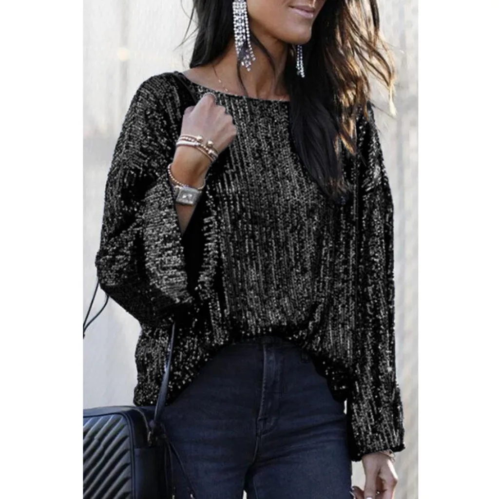 Женская футболка с длинными рукавами расшитая блестками круглым вырезом