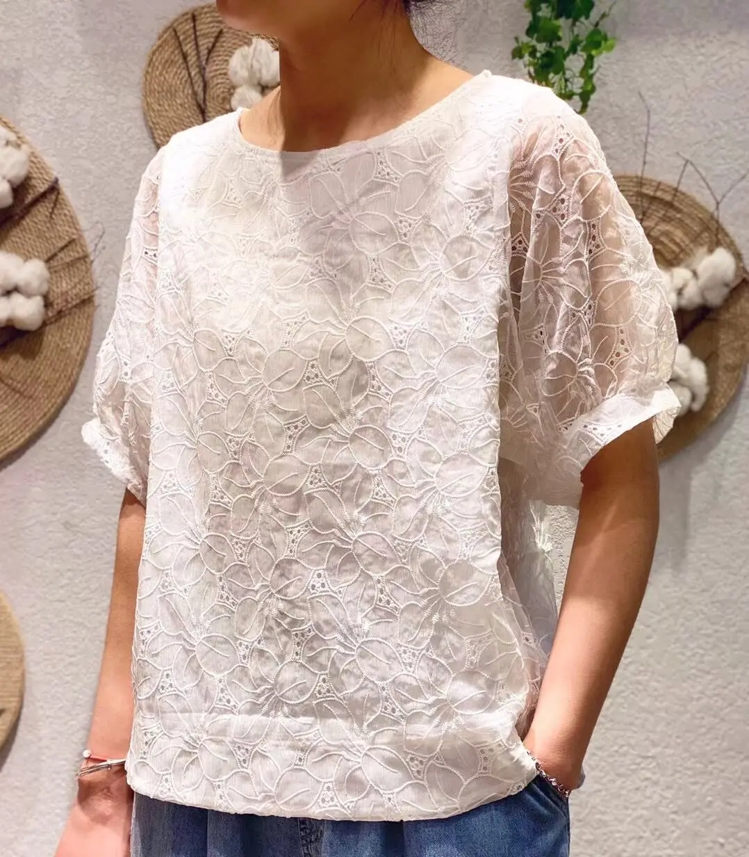 

New Summer embroidery Flower Shirt Tops short sleeve Casual wear 326