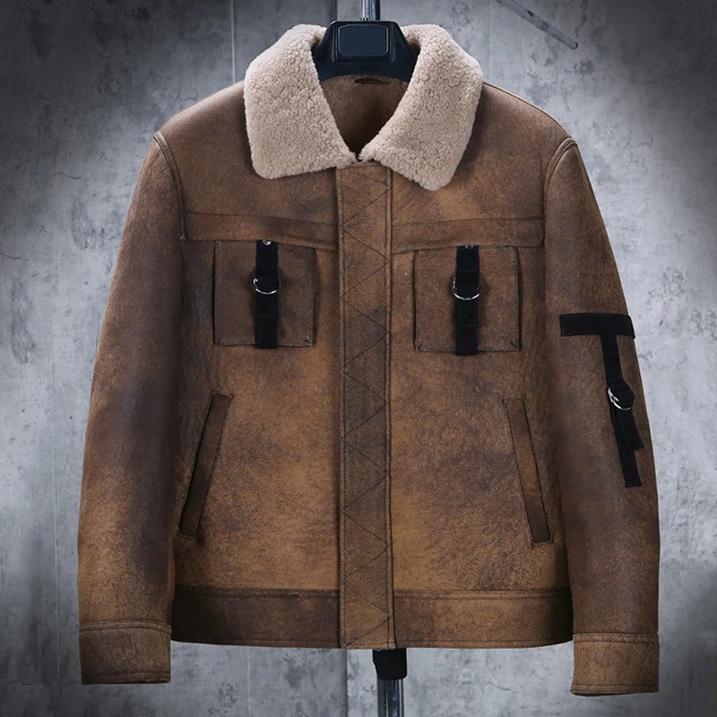 Новая мужская дубленка B3 куртка-бомбер короткая шуба коричневая кожаная куртка