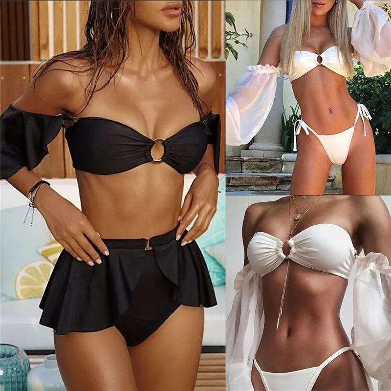 

Women Strapless Ruffles Padded Push-up Bra Bikini Set Swimwear 2020 New Off Shoulder Swimsuit Swimwear Beachwear Swimming Wear