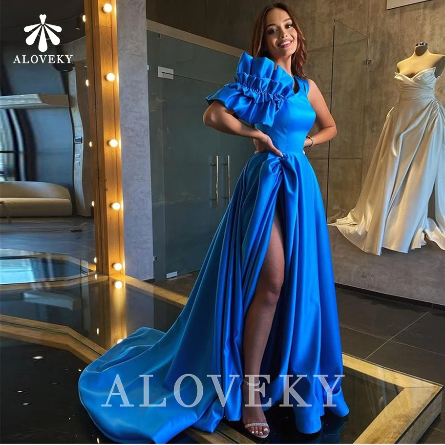 

Luxury Blue Satin High Split Evening Dresses New One Shoulder Women Party Dress Strapless Prom Gown with Court Train Plus Size