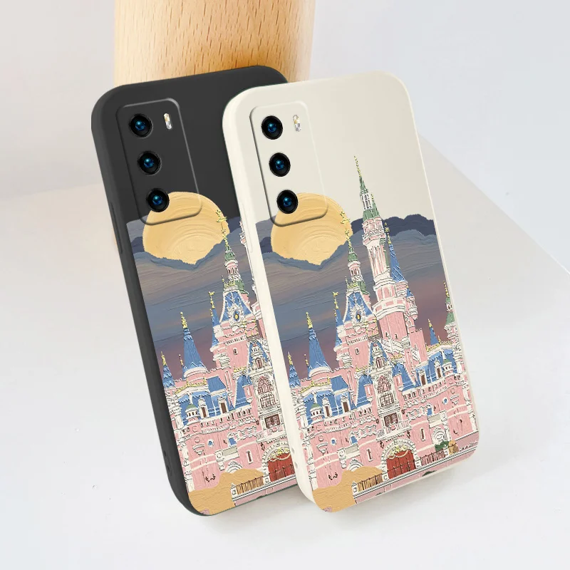 

Moonlight Castle Liquid Silicone Soft Case For Huawei P40 P50 P30 P20 Pro Lite Mate 40 30 20 Pro Lite Nova 5t Y7A Phone Cover