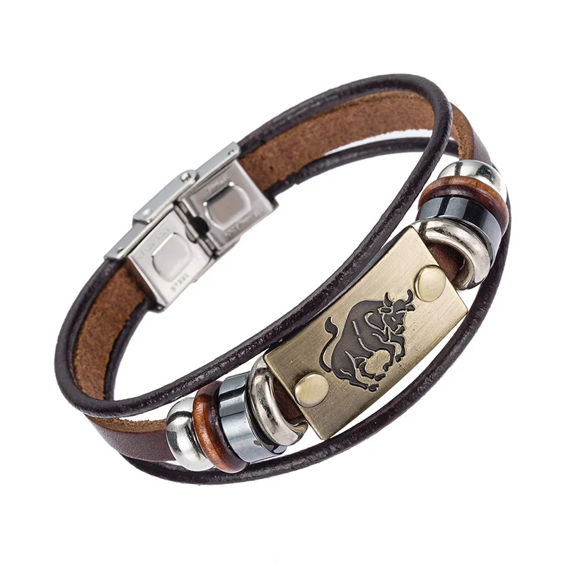Drop Shipping Hot Sale Fashion 12 Zodiac Signs Bracelet for Men Stainless Steel Clasps Genuine Leather Cuff Romantic Jewelry | Украшения и