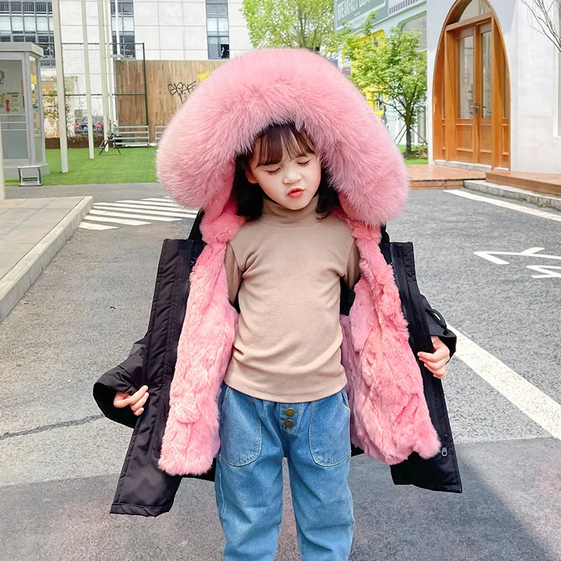 

Зимнее теплое пальто с капюшоном для маленьких девочек, теплая детская куртка из натурального меха для мальчиков, уличная детская холодная ...
