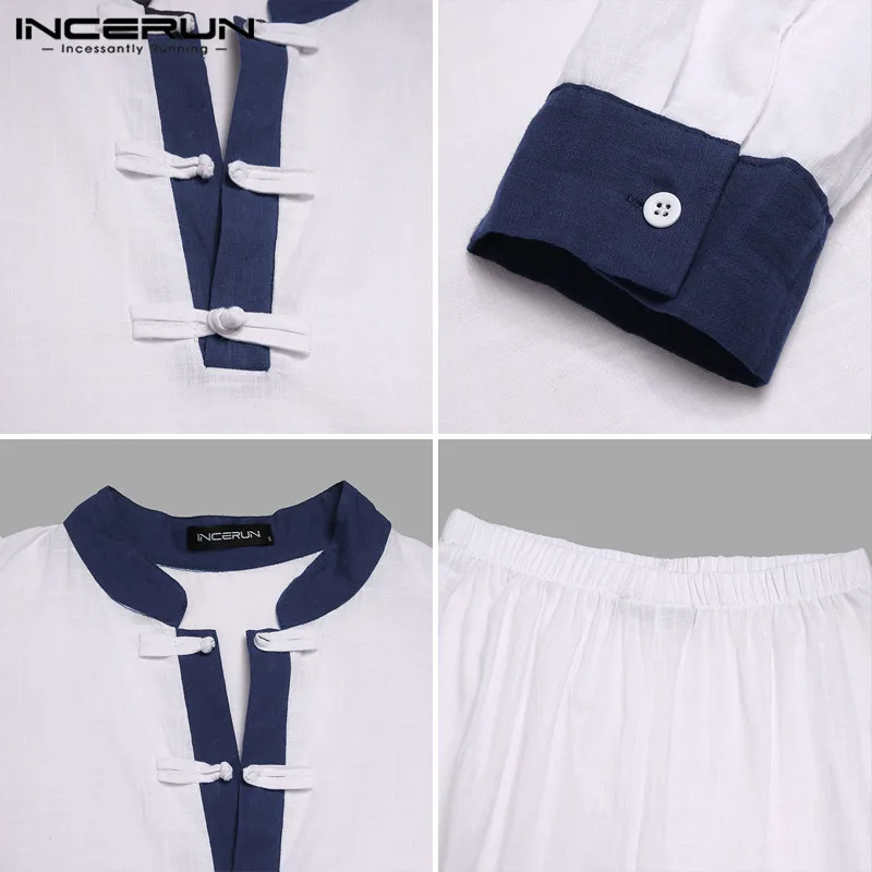 

INCERUN Men Patchwork Sets Loose Long Sleeve V Neck Tops Elatic Pants 2 Pieces Casual Cotton Tang Suits Chinese Style Suits 5XL