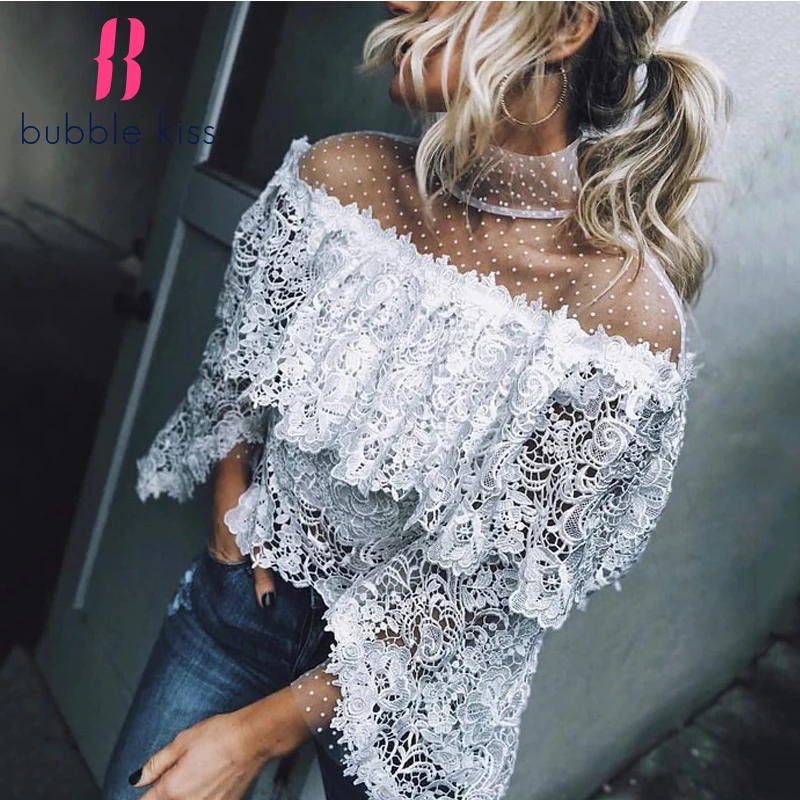 

2020 New Spring and Summer Fashion Sexy Lace Sheer Top Long Sleeve Elegant Flare Sleeve Solid Color Hollow Out plus size women