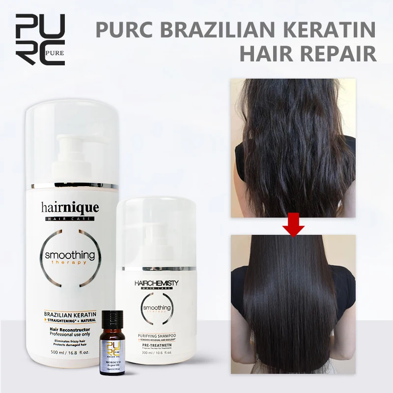 PURC 500ml 8% Brazilian Keratin Formaldehyde Straightening Hair Treatment & Purifying Shampoo & Morocco Argan Oil Hair Care Set