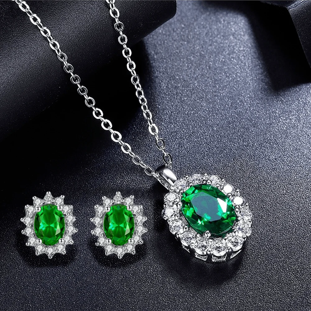 1 Set New European and American Fashion Women's Diamond Grandmother Emerald Pendant Necklace Earring Set Headdress