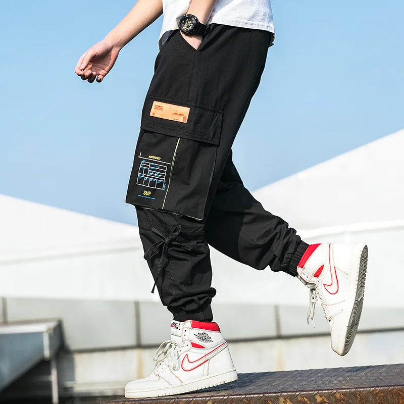 2020 New Hip Hop Joggers Men Black Harem Cargo Pants Multi-pocket Ribbons Man Sweatpants Streetwear Casual Mens 4XL | Мужская одежда