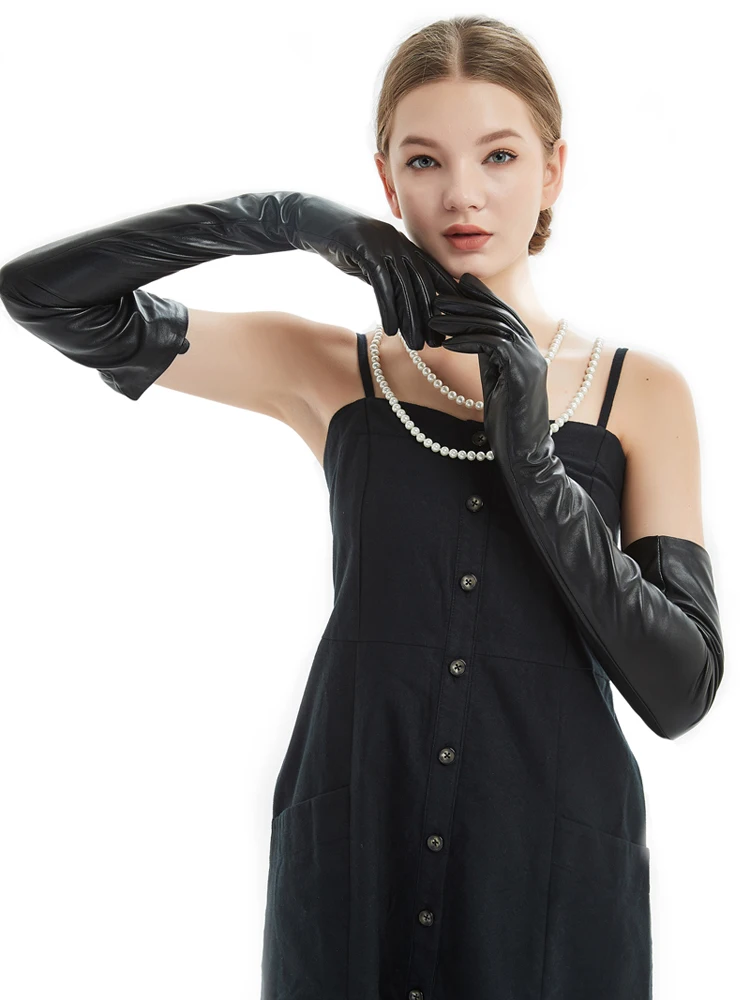 Women Super Long Touch Screen Gloves Above Elbow Real Sheep Leather Evening Opera Gloves Black
