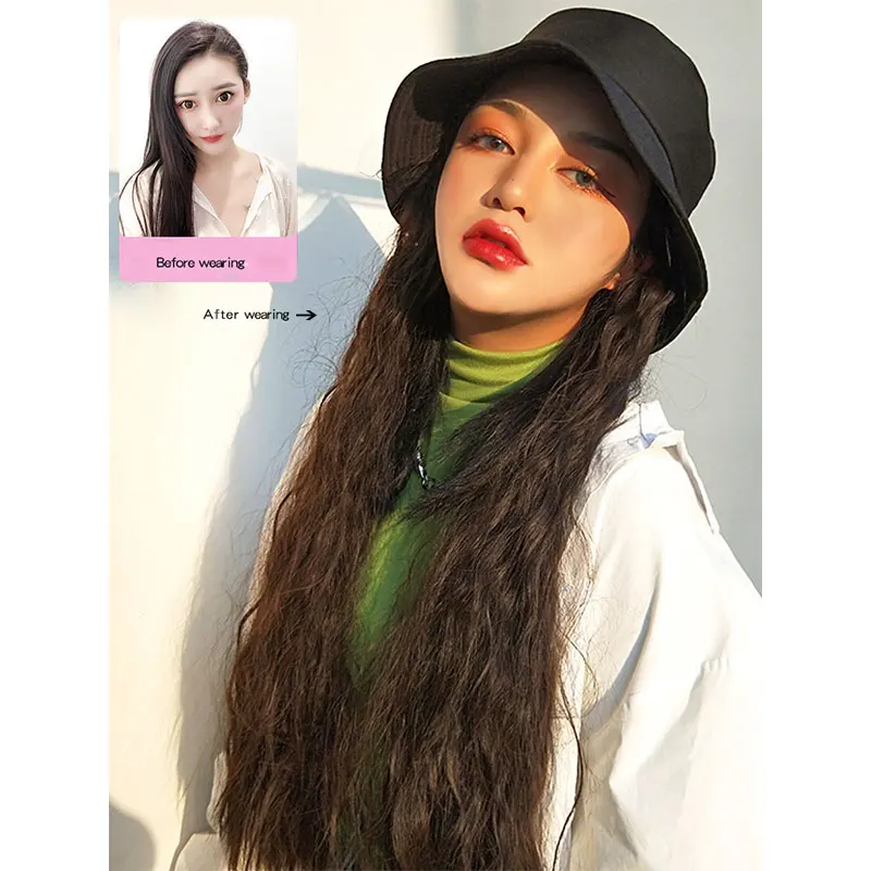 Fashion one-piece intergrated women's long natural  kinky curly synthetic hair wig and bucket hats sun cap with hair