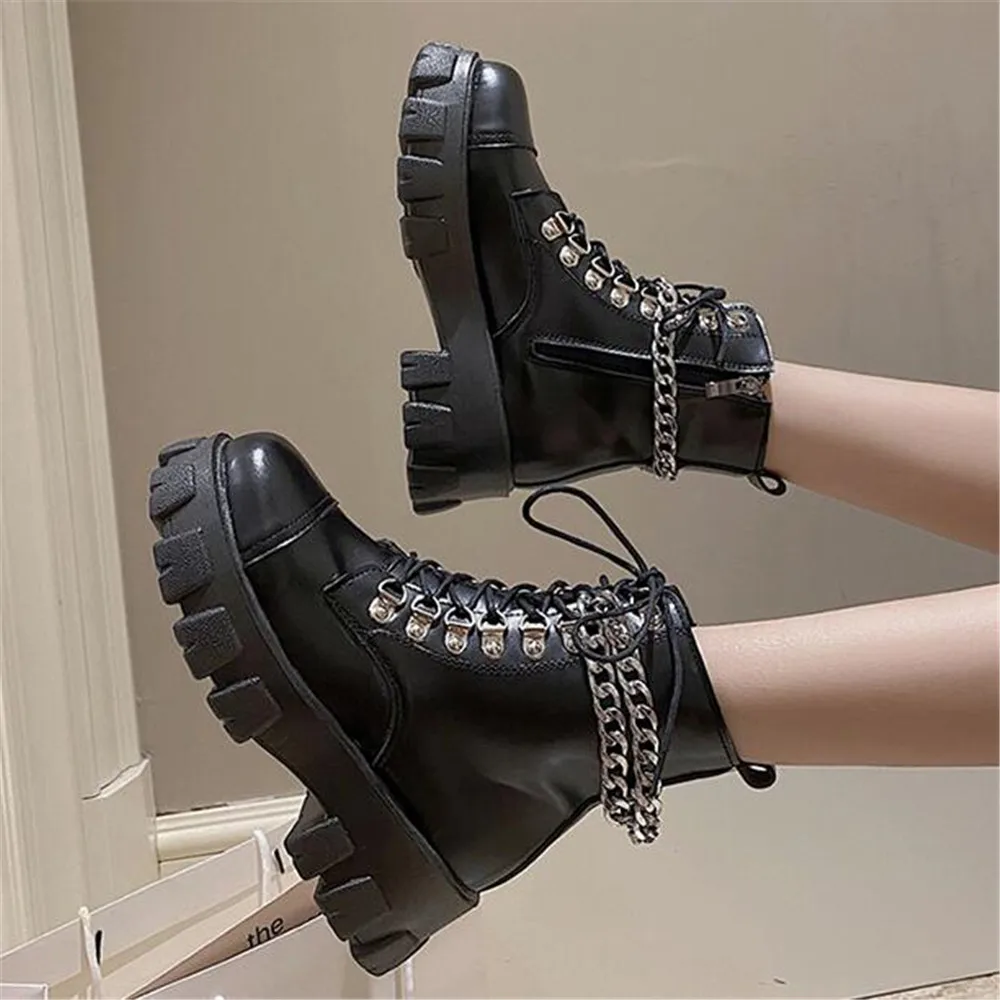 

Women's Platform Punk Ankle Boots Ladies Lace Up Chain Goth Sneakers Fashion Leather Waterproof Shoes Female Footwear Black Hot