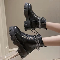 womens platform punk ankle boots ladies lace up chain goth sneakers fashion leather waterproof shoes female footwear black hot