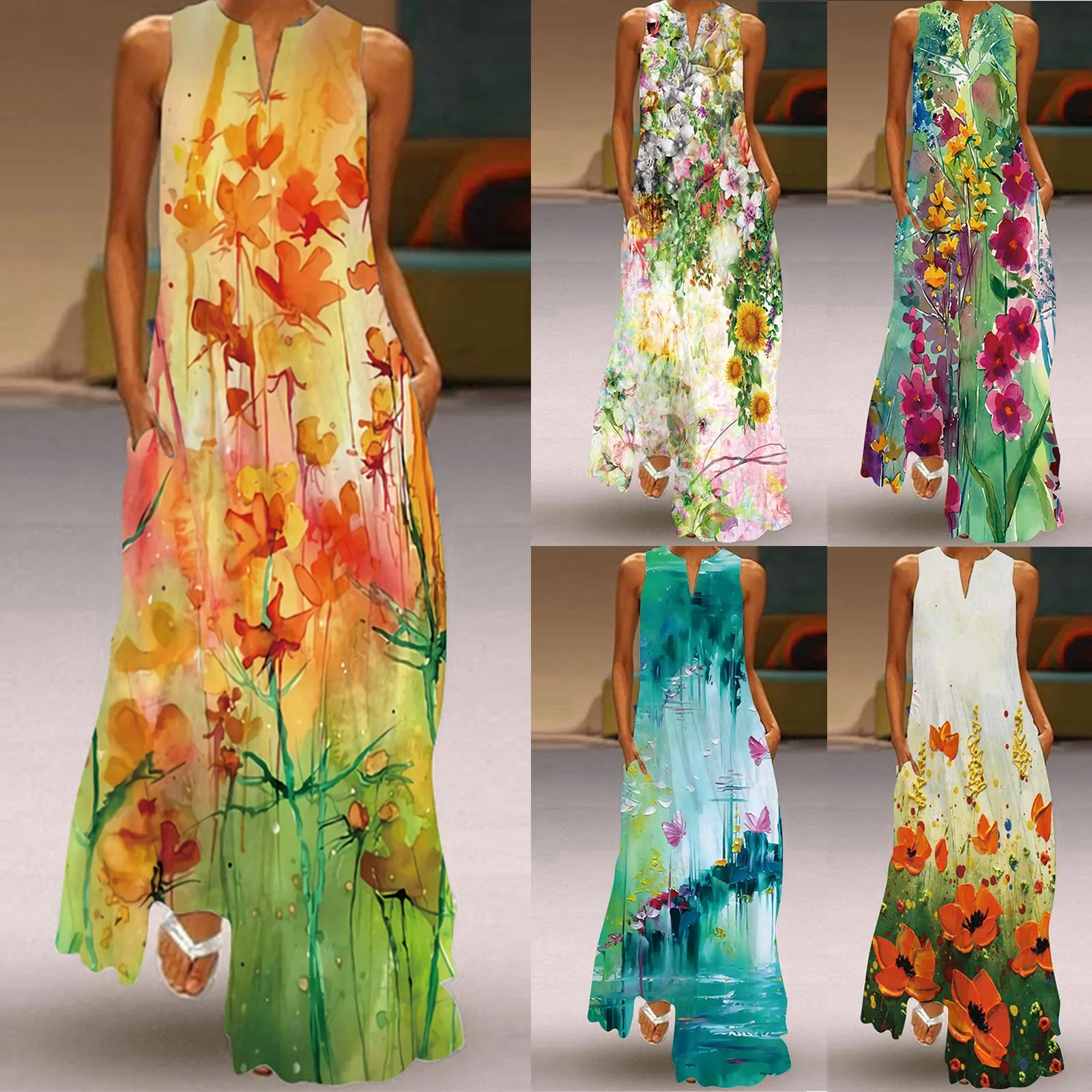 

Casual Women's Summer Print Sleeveless Pocket Loose Dress 2021 Retro Plus Size Floral Maxi Dress V-Neck Sexy Female Long Dresses