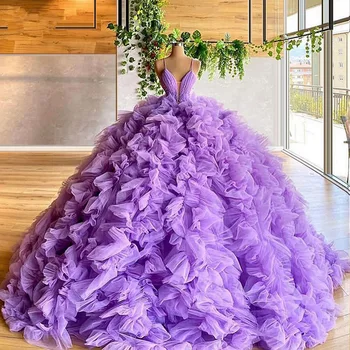 Gorgeous Purple Evening Dresses Spaghetti Straps Tiered Ruffle Ball Gown Prom Dress Elegant Red Carpet vestido de novia