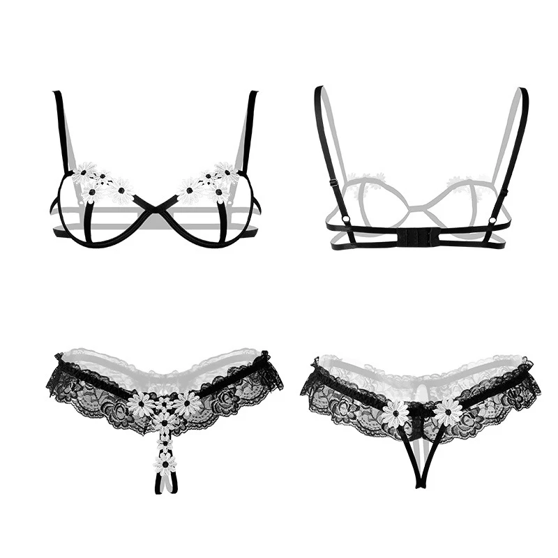 Sexy female sexy open file bare chest rim flower perspective bra set+ embroidery perspective split suit