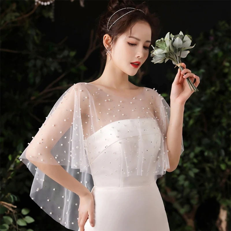 

U90E Women Sheer Pleated Wedding Shawl Rhinestone Pearl White Capelet Bolero Shrug