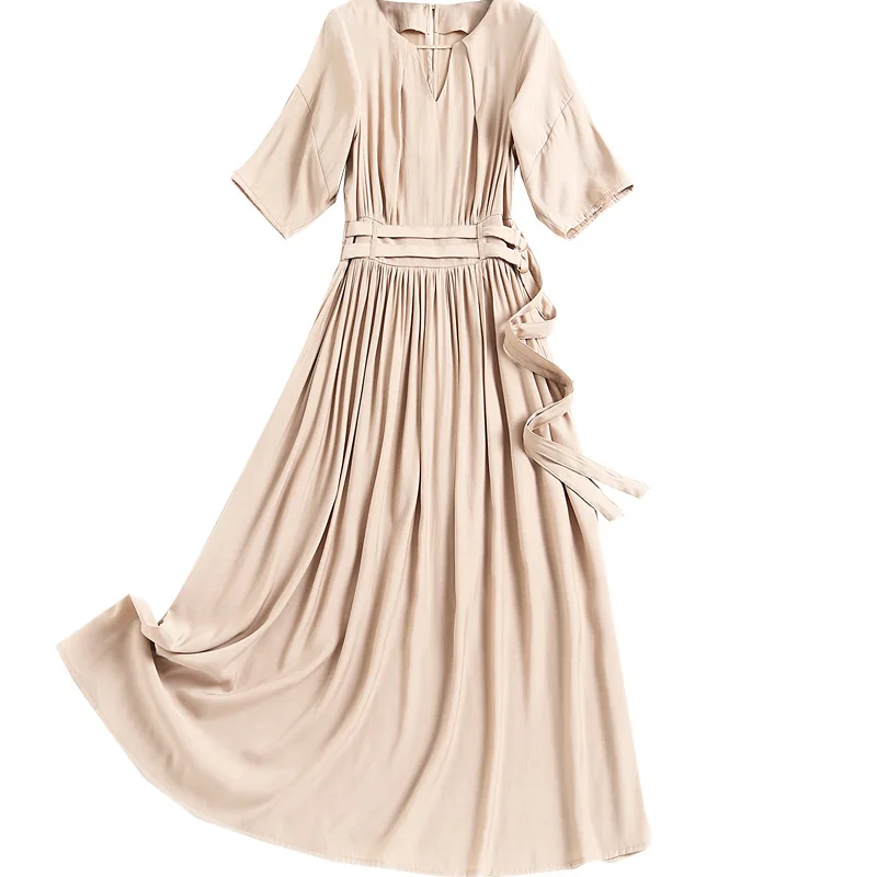 

SHUCHAN Birthday Dress for Women Original Design Viscose Sashes A-LINE Mid-Calf O-Neck Summer Korean Dress