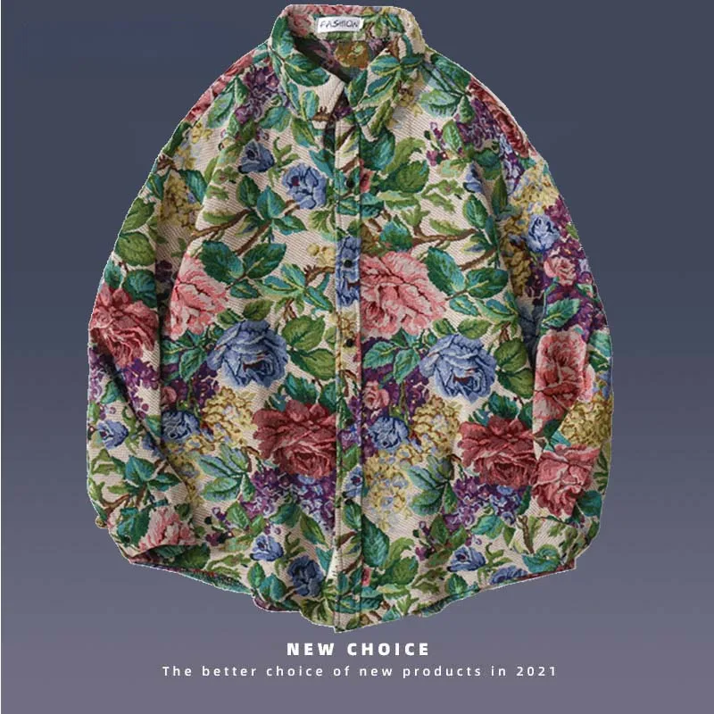 

Hip Hop Full Sleeve Shirt Men Streetwear Retro Watercolor Floral Print Oversized Shirts Mens Harajuku Casual Loose Coats Couples