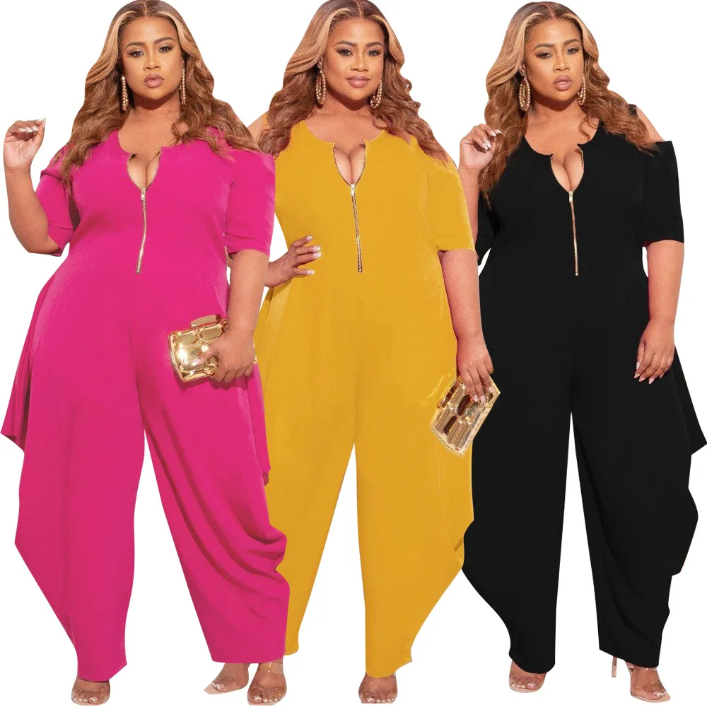 

Black Fashion Plus Size Women's Solid Color Sexy Zipper Jumpsuit Sleeves Women's Tight-fitting Zipper V-neck Jumpsuit Elegant Fu