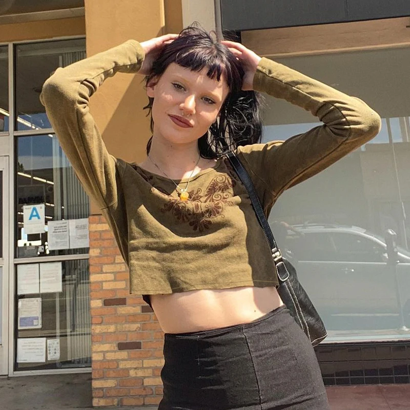 

Spring Casual Y2K Aesthetic Fairy Grunge Long Sleeve T-shirt Female Vintage Crop Top Women Autumn Basic Tees Shirt Pullovers
