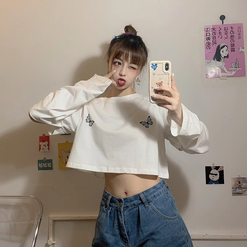 

black crop top Women's Clothing spring autumn new Korean loose o-neck t-shirts fashion print Hollow out long sleeve Tees hipster