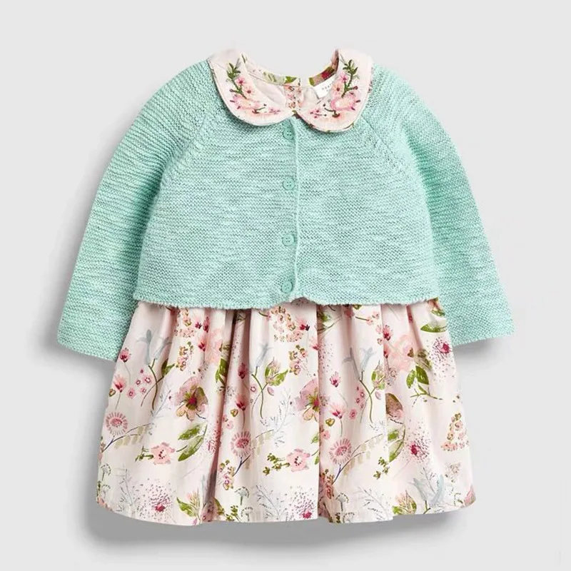 2019 Осенняя детская одежда платье с принтом + хлопковый кардиган для малышей