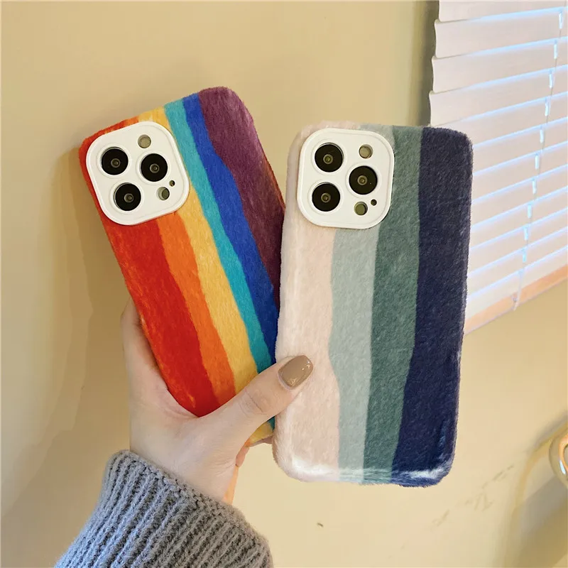 

Luxury Warm Hairy Plush Rainbow Phone Case for iphone X XR XS 11 12 13 PRO MAX 7 8 plus soft TPU silicon back cover capa