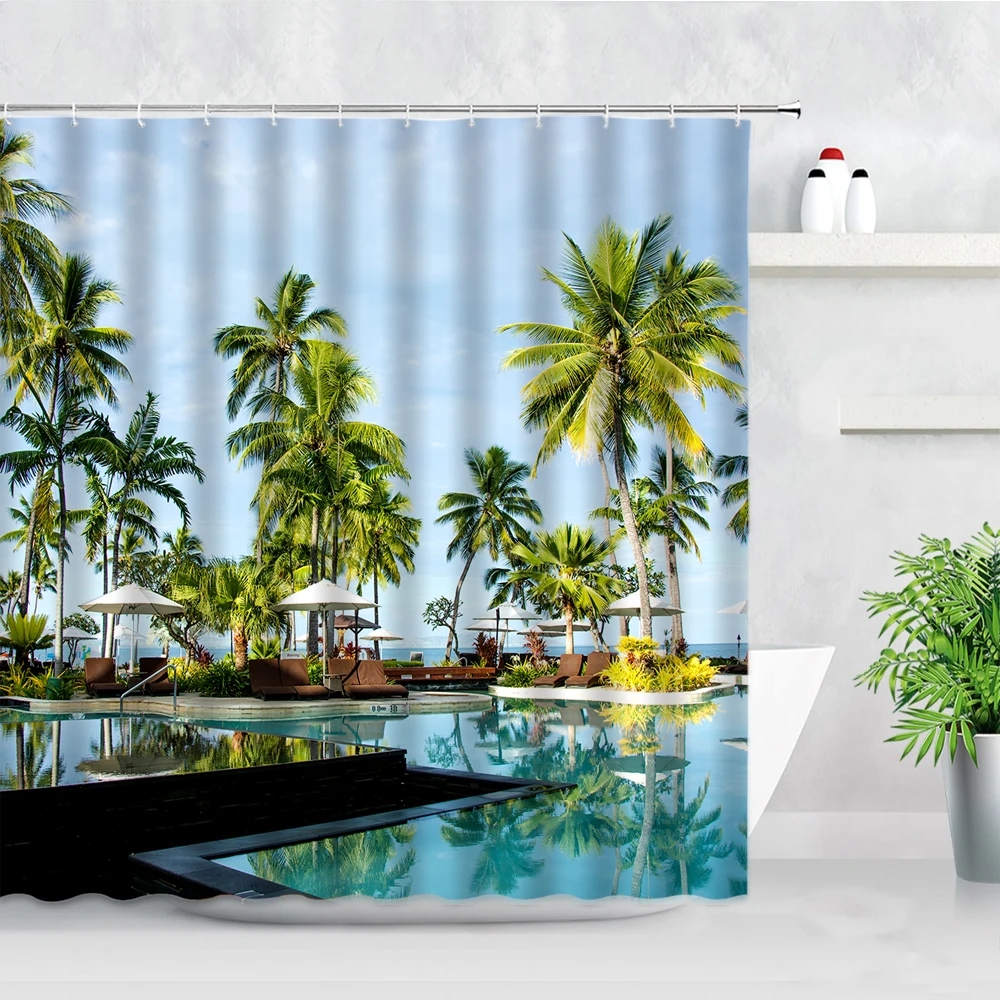 resort scenery shower curtains ocean tropical plants trees swimming pool 3d printed waterproof fabric bathroom decor curtain set free global shipping