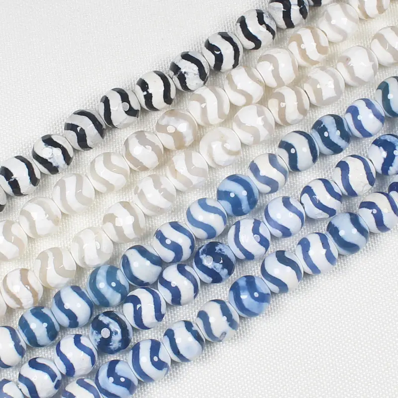 

Граненые/гладкие синие волнистые круглые бусины из агата Dzi, для изготовления ювелирных изделий своими руками!