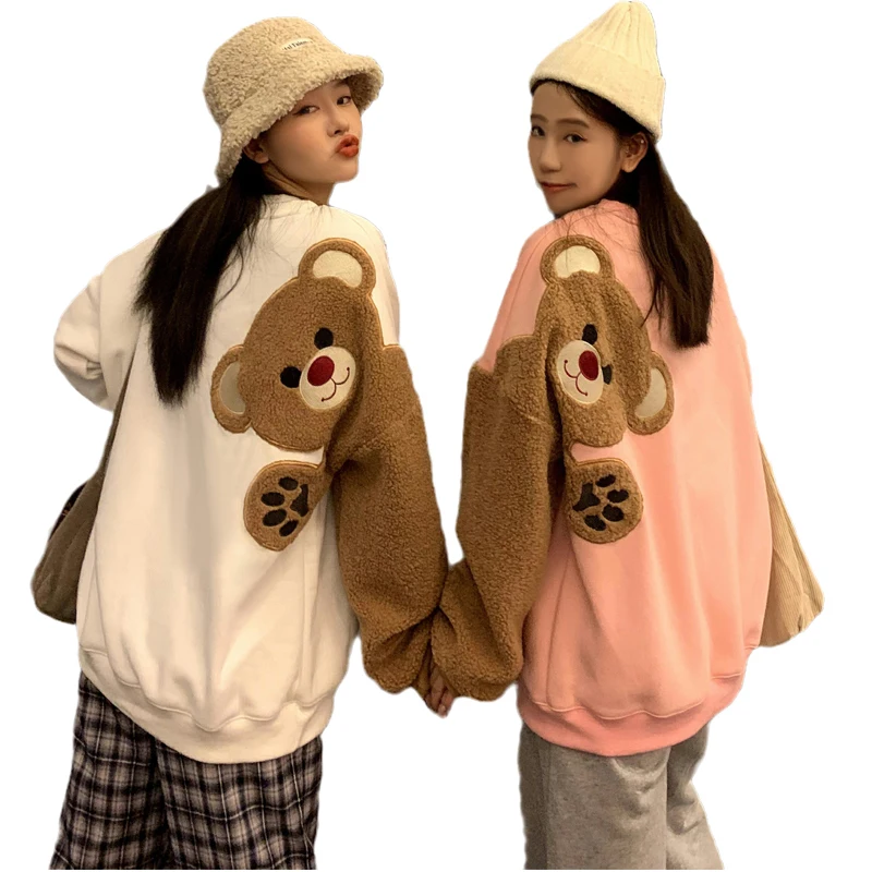 Harajuku Kawaii Hoodies Women Bear Embroidery Fleece Drop-Shoulder Sleeves Sweatshirts Bestie Friends Matching Pullover Tops