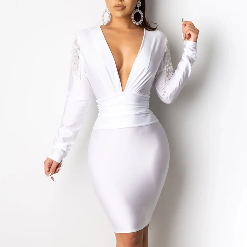 

Sexy Women Long Sleeve Bodycon Mini Dress 2020 Summer Rhinestone tassel Deep V neck Slim Fit Night club Party dress
