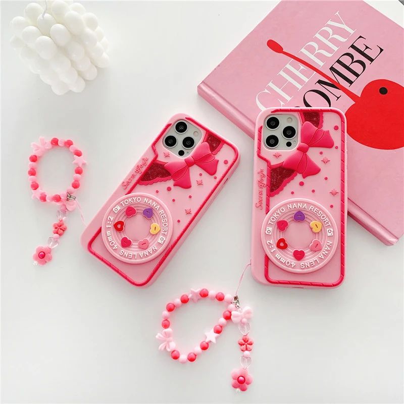 

Cute Pink love heart bowknot kid girl gift Phone Case For iphone 12 11 pro max mini XR XSmax 6 7 8 Plus SE2 Soft Silicone Cover