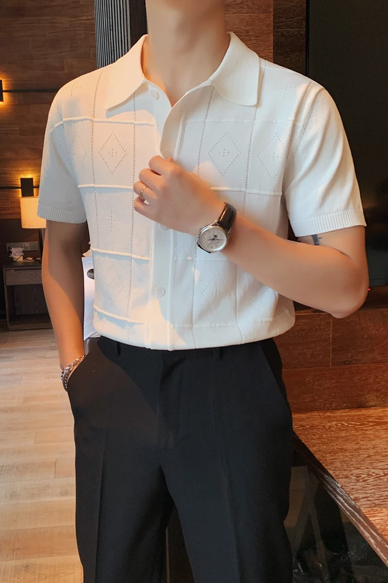 

New Summer Men's Short Sleeve Knitted POLO Shirt Solid Color British Trend Slim Cardigan Business Casual Social Tops Male Clothi