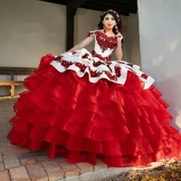 red quinceanera dresses ball gown off the shoulder organza appliques tiered puffy cheap sweet 16 dresses