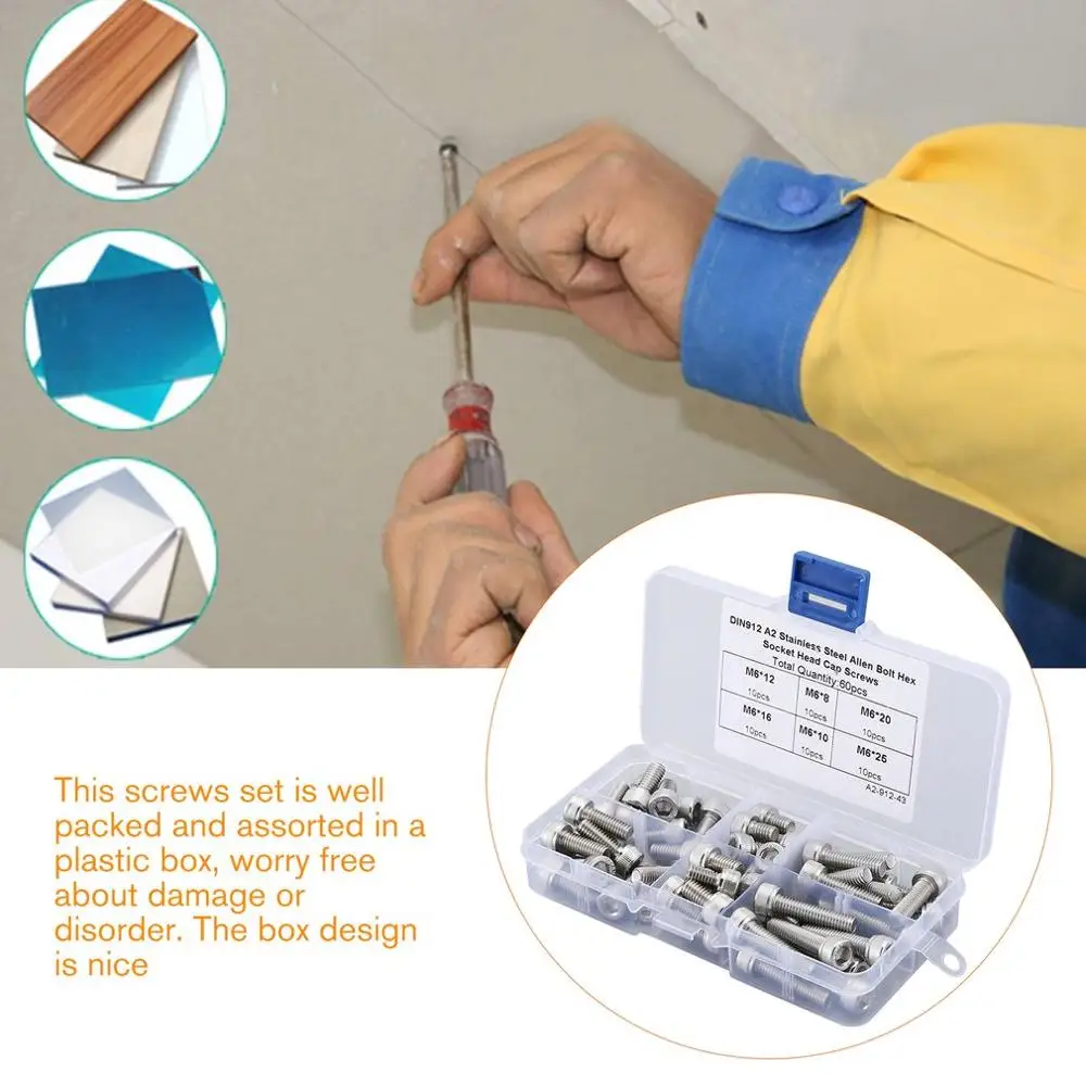 

60pcs M63 304 Stainless Steel Hexagonal Socket Head Cap Screw DIN912 Cheese Head Hex Allen Bolt A2-912-43