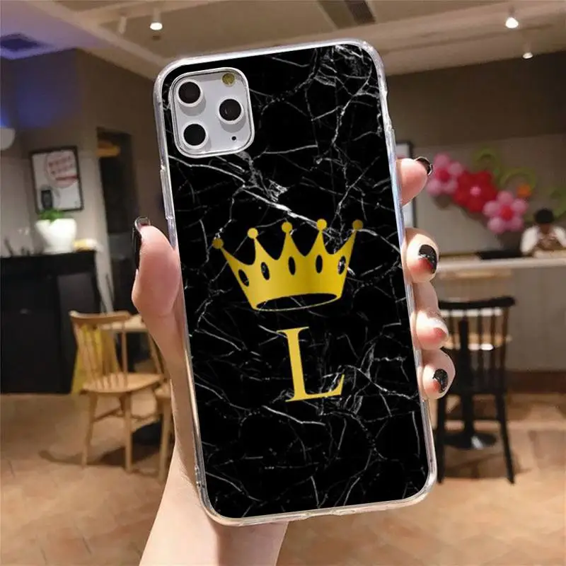 

Letter Black Marble Gold crown Phone Case Transparent soft For iphone 5 5s 5c se 6 6s 7 8 11 12 plus mini x xs xr pro max