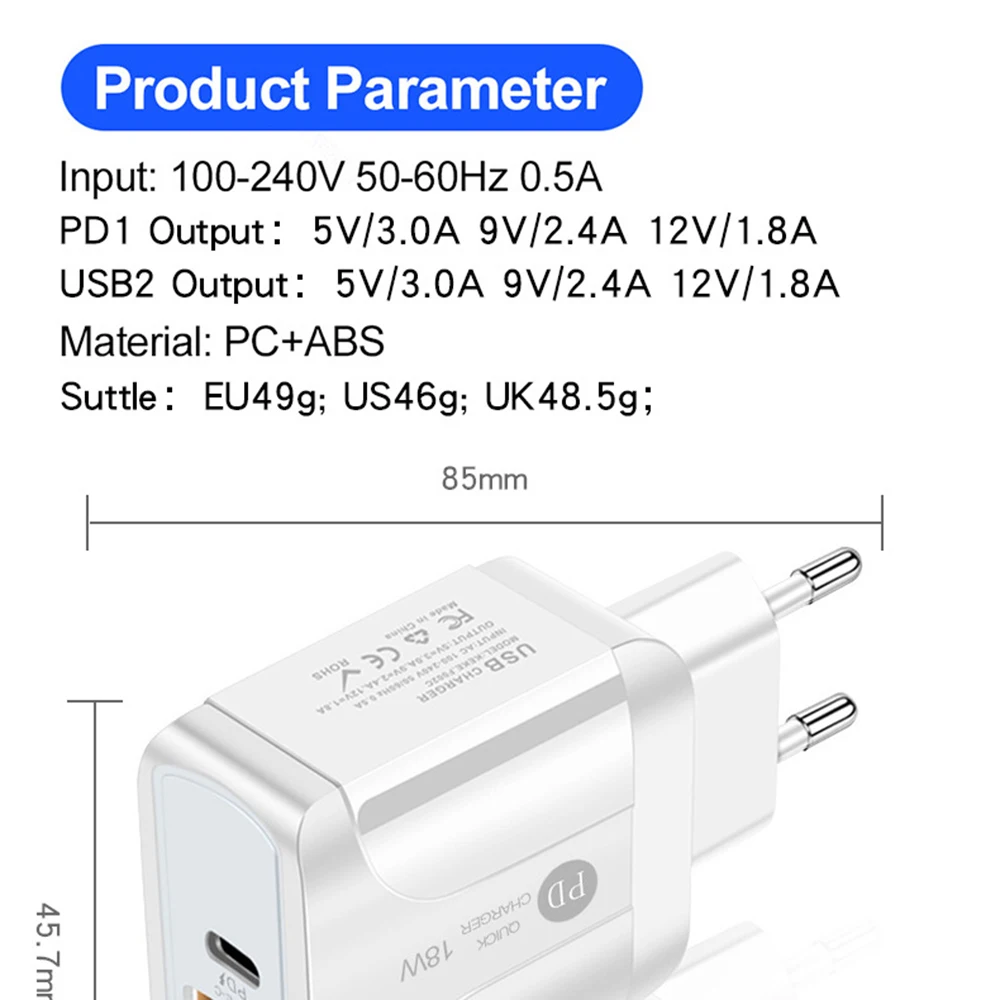 

QC3.0 USB charger for apple iphone xiaomi huawei samsung US EU UK PD18w chargers phone accessories 5V3A Fast adapter