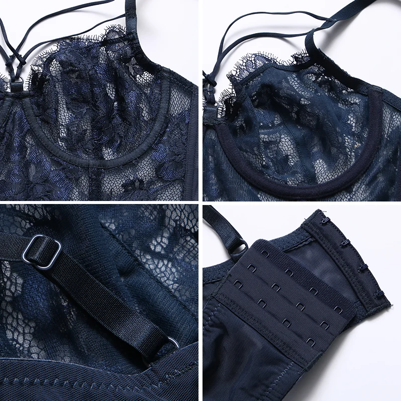 2 sets Sexy Transparent Underwear Women Plus Size Bandage Embroidery Lace Bra And Panty Set Lingerie Plus Size White Blue Black