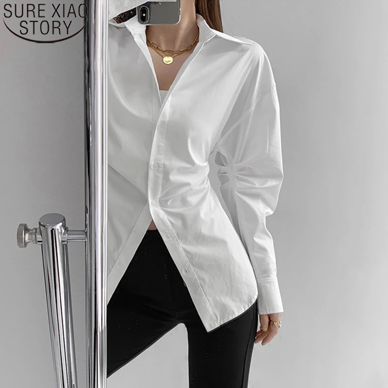 

Turn Down Collar White Long Sleeve Blouse Medium Long Shirt Women Office Lady Autumn and Winter Fashion New Fold Clothes 18373