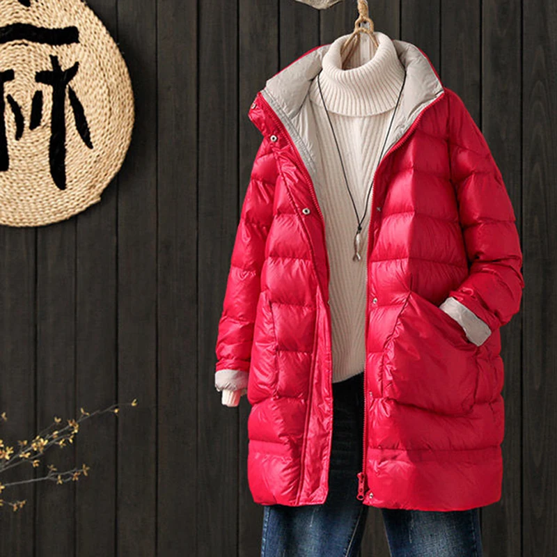 

2021 Winter Long White Duck Down Jacket Women Loose A-line Version Casual Coat Lady Clothing