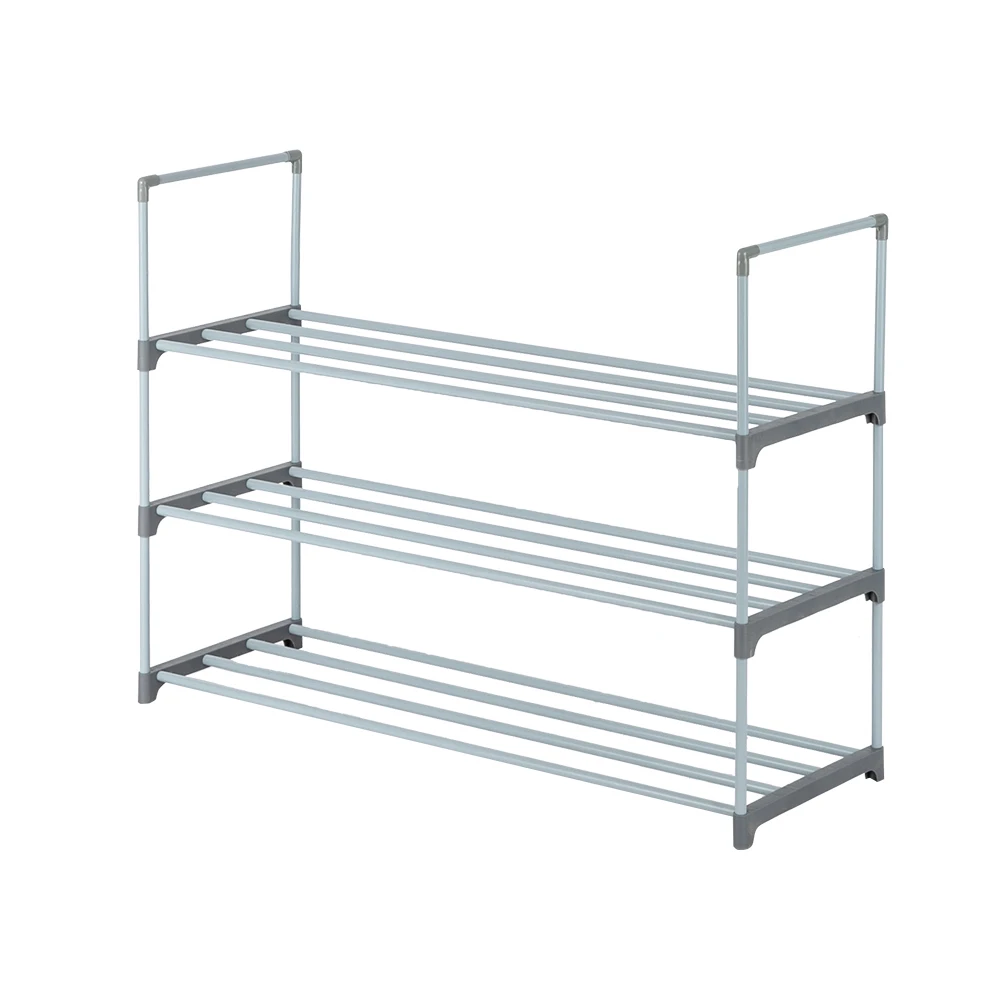 Simple Shoe Rack Stackable Iron Tubes Plastic Joints Organizer Shelf 3 Tiers Gray Color