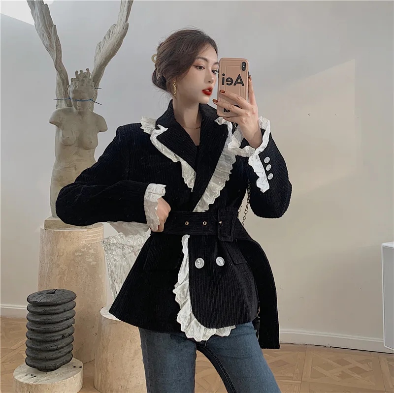 

Korean Retro Ruffle Spliced Blazer Jacket Coat Women Double Breasted Black Corduroy Outwear Office Lady Stylish OL Chic Overcoat