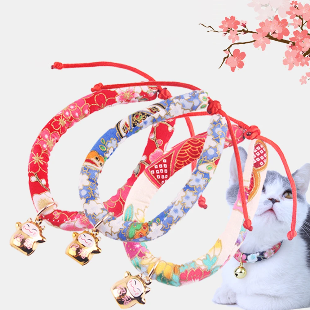 

Cat Collar With Bell Japanese Style Adjustable Kitten Collar Safety Breakaway Handmade Cat Accessories For Pet Kittens Necklace